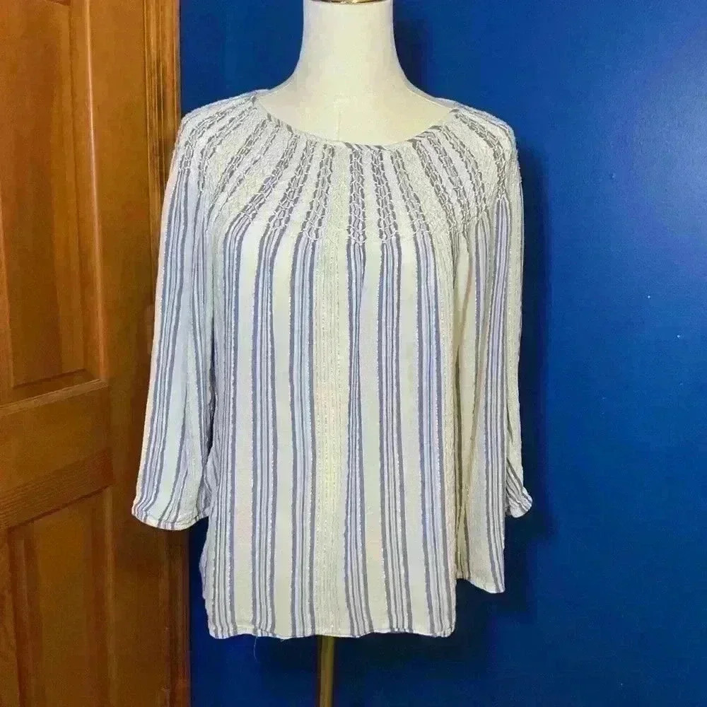 J.Jill Blue White and Gold Thread Peasant top. Size medium.